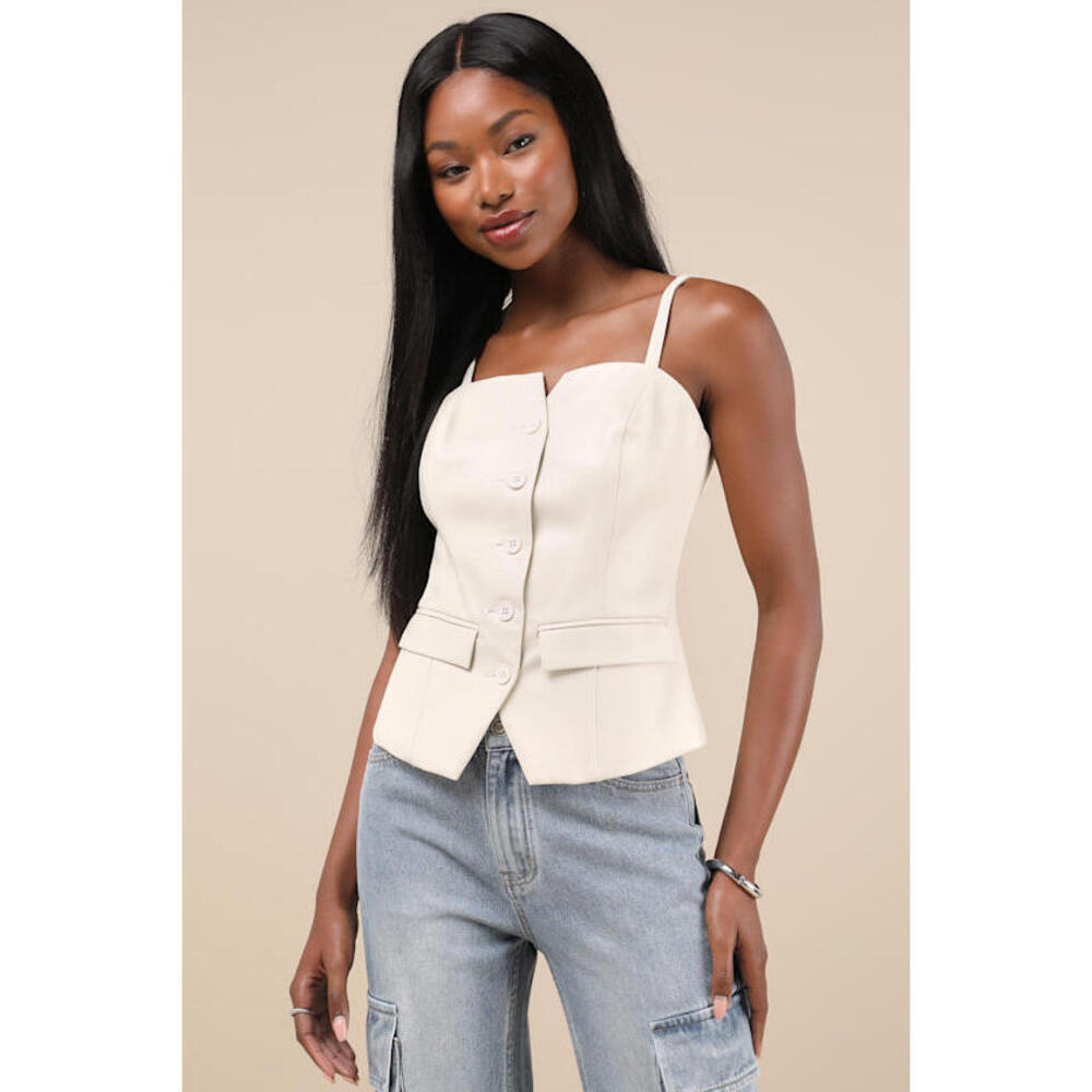 Lulus Chic Figure Cream Vegan Leather Button-front Cami Vest Top White - Size XS